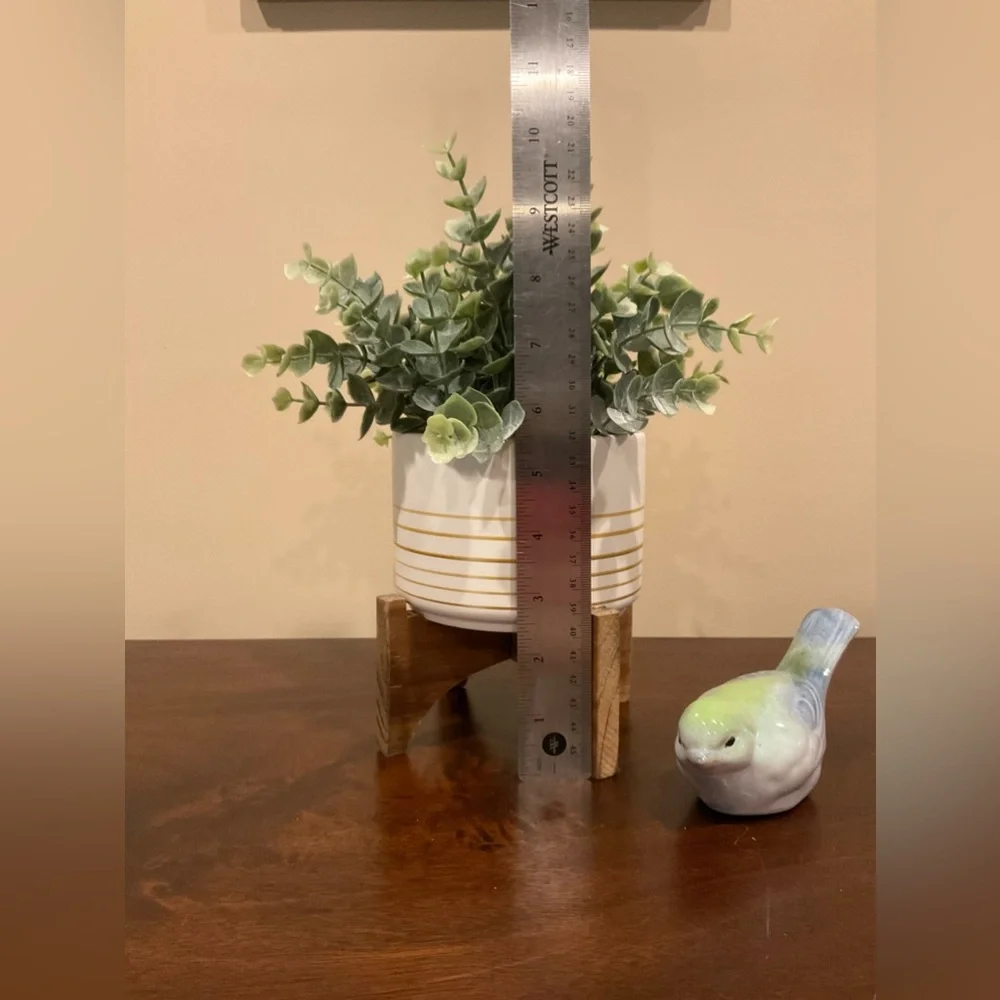 Faux Green Plant in Ceramic Pot On Wood Stand Decor 🪴